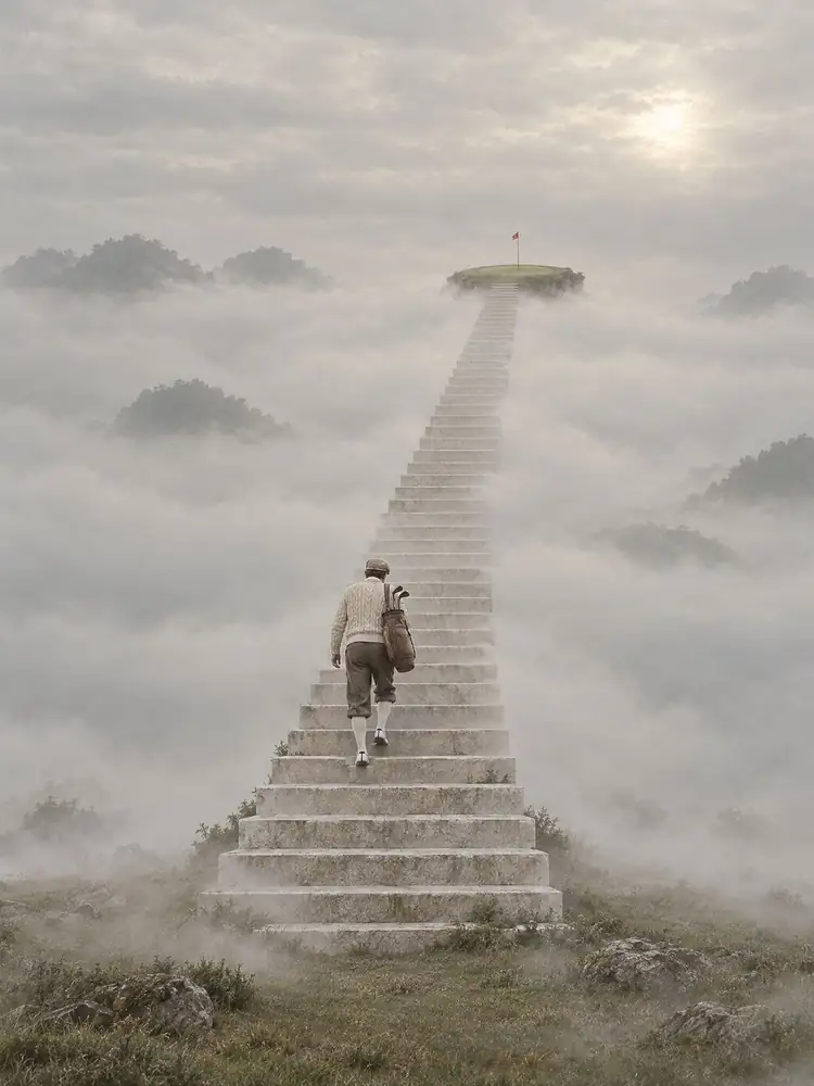 L'Ascension, tableau de golf surréaliste de Daniel Pelcat, série Fine Art Vintage