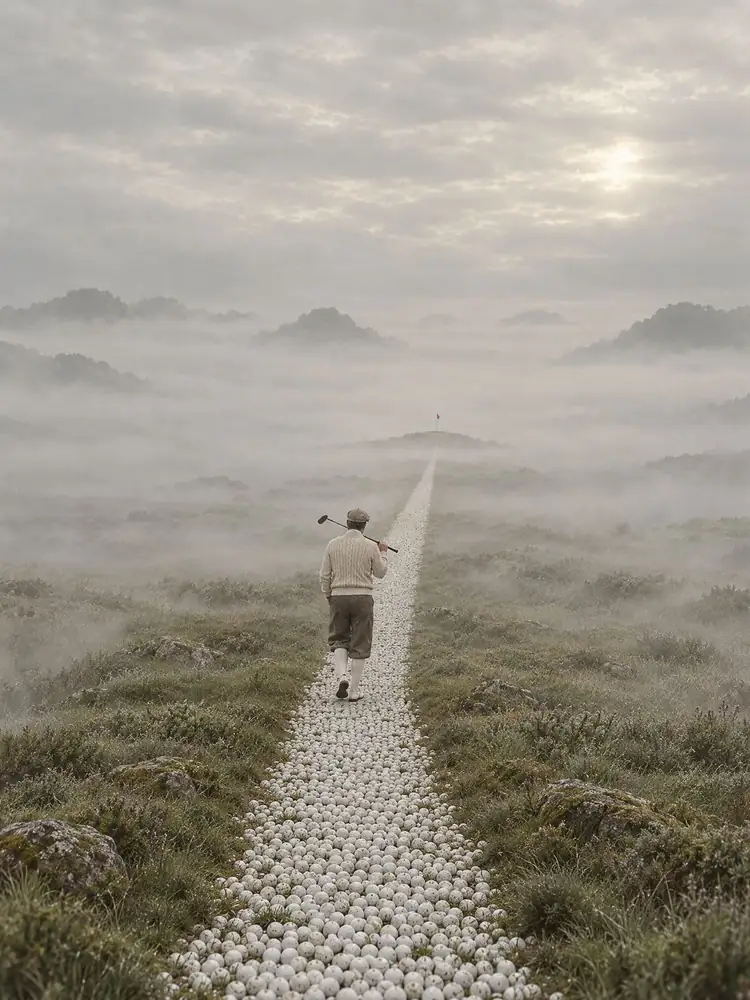 Le Chemin de balles, tableau de golf surréaliste de Daniel Pelcat, série Fine Art Vintage