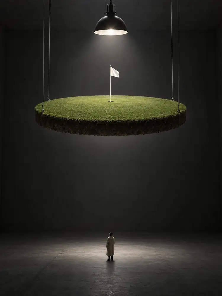 Sous la lampe, tableau de golf surréaliste de Daniel Pelcat, série Minimalistes