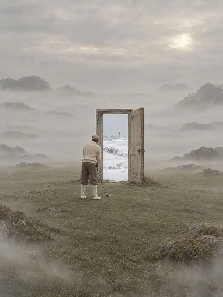 La Porte, tableau de golf surréaliste de Daniel Pelcat, série Fine Art Vintage