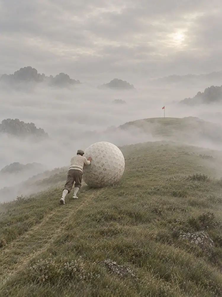 Sisyphe, tableau de golf surréaliste de Daniel Pelcat, série Fine Art Vintage