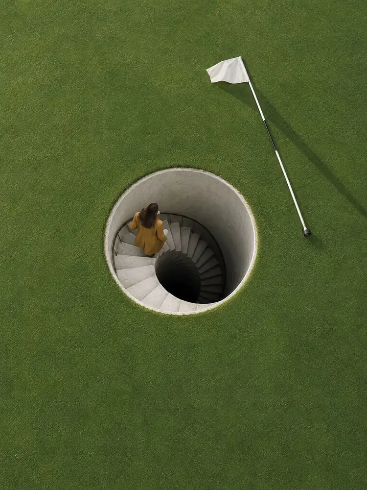 La Descente, tableau de golf surréaliste de Daniel Pelcat, série Minimalistes