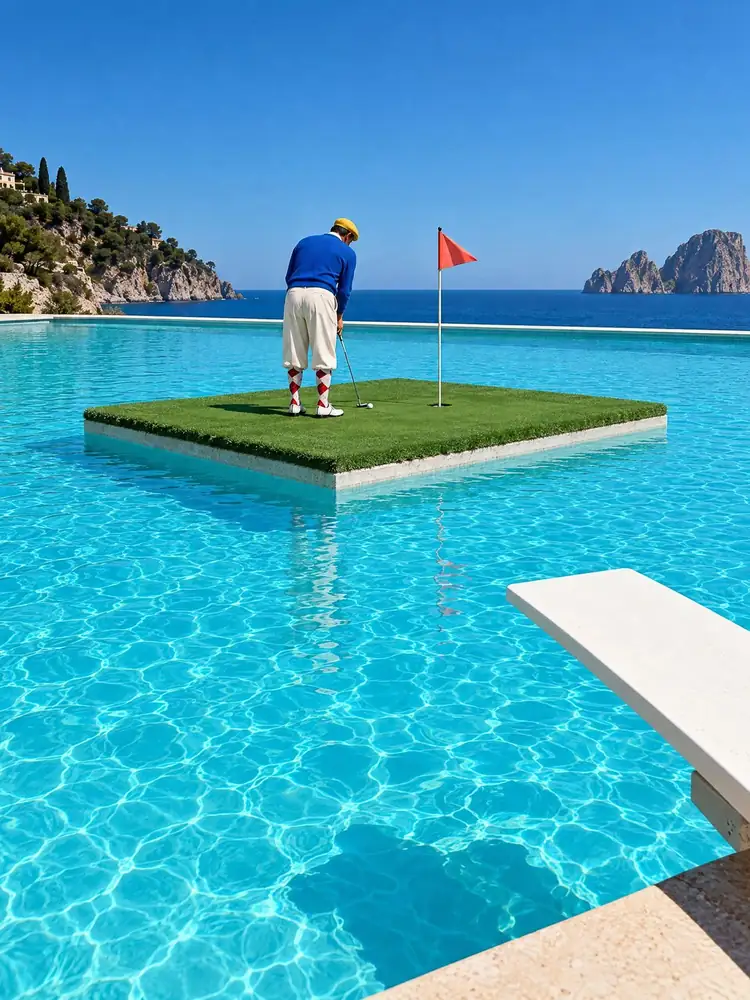 L'Île verte, tableau de golf surréaliste de Daniel Pelcat, série Mirages