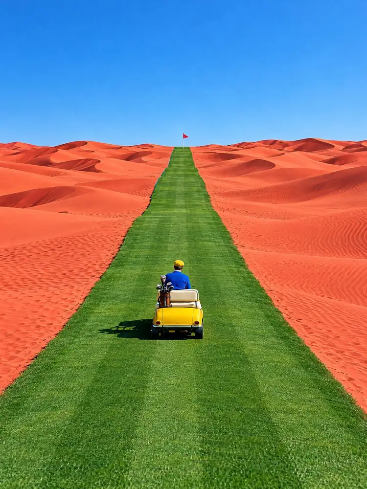 Fairway du désert, tableau de golf surréaliste de Daniel Pelcat, série Mirages