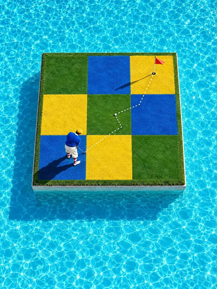Damier bleu, tableau de golf surréaliste de Daniel Pelcat, série Mirages
