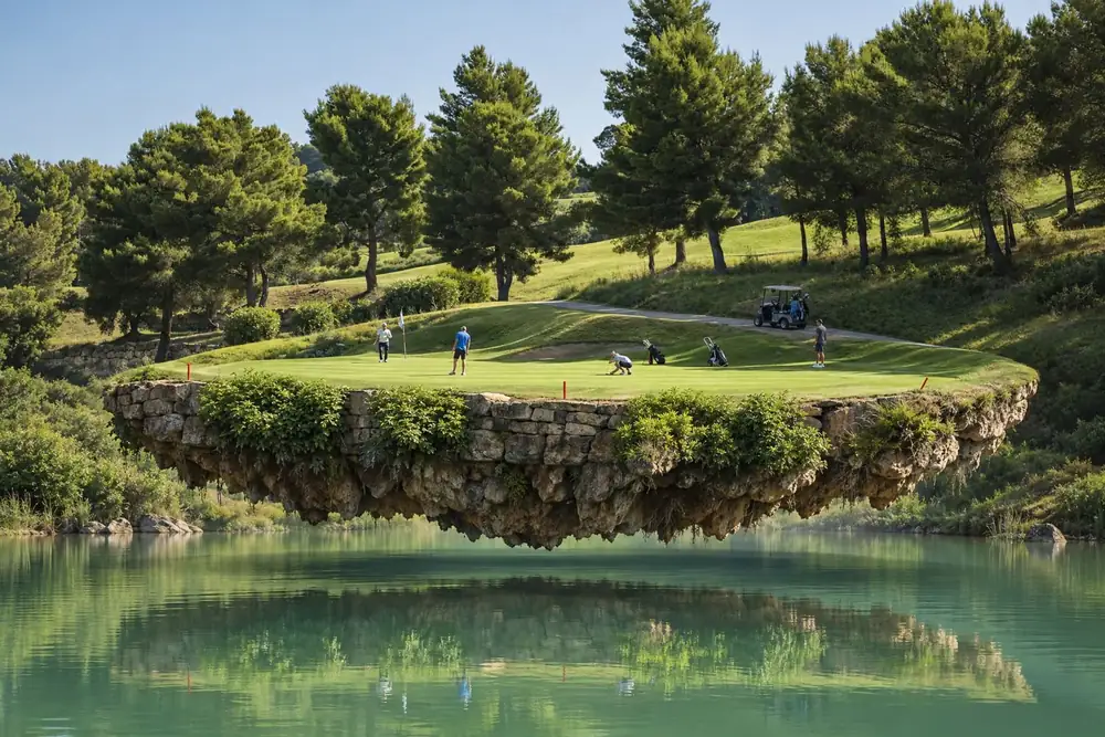 L'Île flottante, tableau de golf surréaliste de Daniel Pelcat, série Mirages