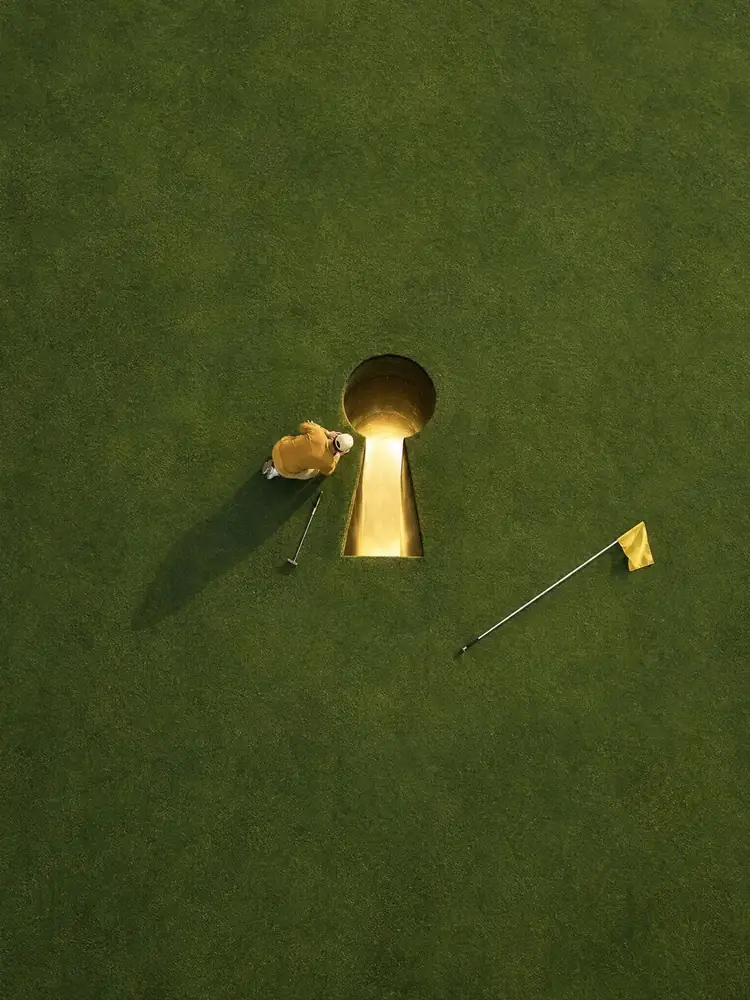 La Serrure, tableau de golf surréaliste de Daniel Pelcat, série Minimalistes