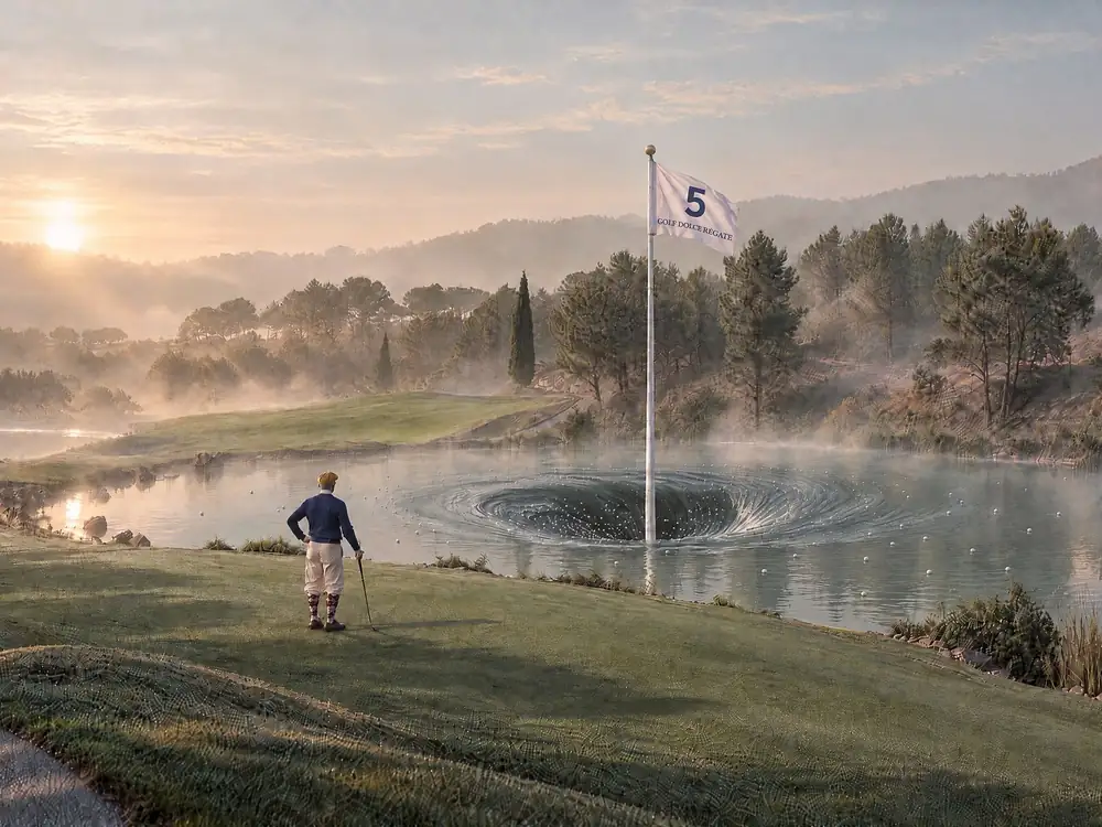 Trou n°5, tableau de golf surréaliste de Daniel Pelcat, série Fine Art Vintage