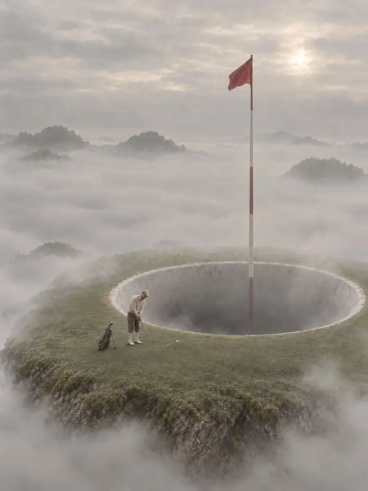 Le Puits, tableau de golf surréaliste de Daniel Pelcat, série Fine Art Vintage