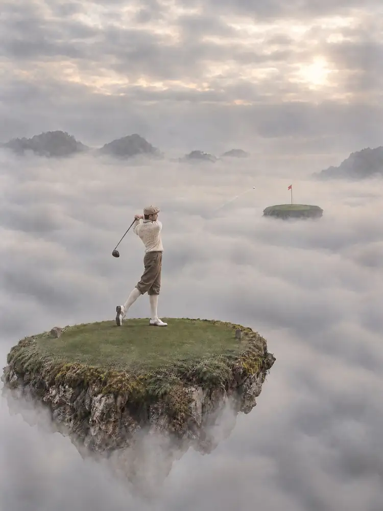 Le Swing suspendu, tableau de golf surréaliste de Daniel Pelcat, série Fine Art Vintage